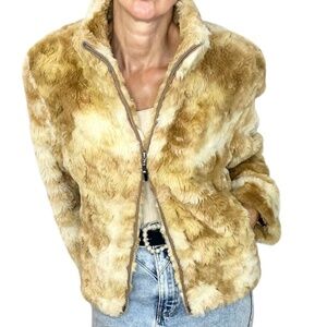 Vintage 90s Y2K tan beige brown faux fur full zip short boxy jacket M